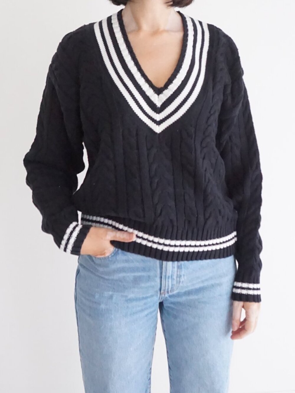 Vintage Liz Sport Black White Cable Knit V Neck Cricket Sweater Collegiate M